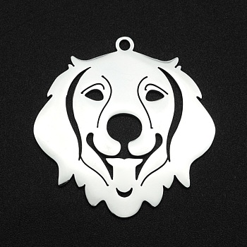 201 Stainless Steel Pendants, Laser Cut, Dog Head, Stainless Steel Color, 32x31x1mm, Hole: 1.6mm