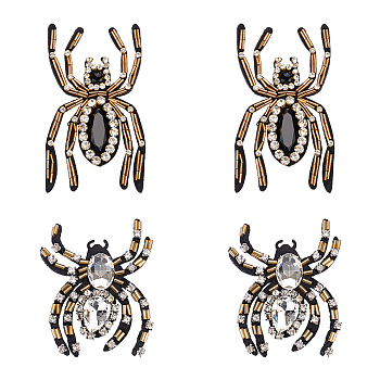 WADORN 4Pcs 2 Styles Spider Shape Appliques, Cloth & Seed Beads & Rhinestone Handicraft Appliques, Costume Hat Bag Ornament Accessories, Mixed Color, 68~113x70~90x7~8.5mm, 2pcs/style