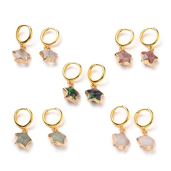 Brass Huggie Hoop Earrings, with Natural Gemstone Star Pendants, Golden, 30x14x6mm, Pin: 1mm