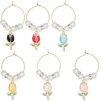 Alloy Enamel Pendants Wine Glass Charms, Goblet Marker, with Brass Wine Glass Charm Rings, Flower, Mixed Color, 53mm, 12pcs/set