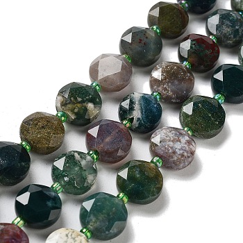 Natural Indian Agate Beads Strands, with Seed Beads, Faceted Hexagonal Cut, Flat Round, 12~12.5x5~6mm, Hole: 1.2~1.4mm, about 27~29pcs/strand, 15.55~15.75 inck(39.5~40cm)