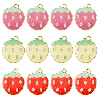 12Pcs 3 Colors Light Gold Plated Alloy Enamel Pendants, Cadmium Free & Lead Free, with Glitter Powder, Strawberry Charms, Mixed Color, 19.5x16x2mm, Hole: 1.8mm, 4pcs/color