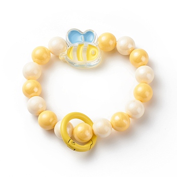 Wristlet Bracelet Keychain, Acrylic Round Beads & Bee Pendant Keychain, with Alloy Findings, Gold, 2.4x2.6x0.9cm