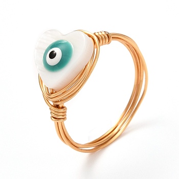 Heart with Evil Eye Natural Shell Finger Rings for Girl Women, Golden Brass Rings, White, US Size 8(18.1mm)