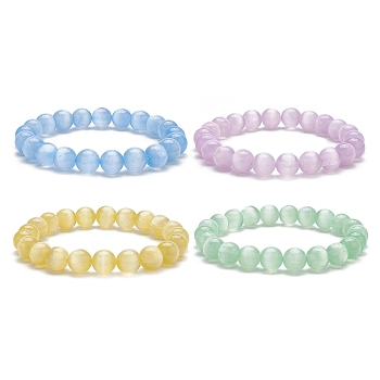 Dyed Natural Selenite Round Beaded Stretch Bracelet, Mixed Color, Inner Diameter: 2 inch(5cm)