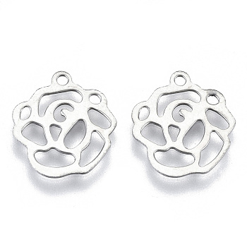 Valentine's Day 201 Stainless Steel Charms, Laser Cut, Hollow, Rose, Stainless Steel Color, 13.5x12x0.5mm, Hole: 1.2mm