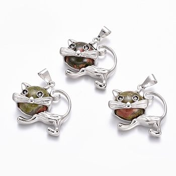 Natural Unakite Kitten Pendants, with Platinum Tone Brass Findings, Cartoon Cat Shape, 28x30x9mm, Hole: 5x7mm