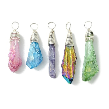 5Pcs Electroplated Natural Quartz Pendants, Teardrop, with Copper Wire, Silver, 30.5~36.5x5.5~9x4~12mm, Hole: 3~3.5mm