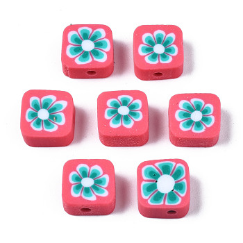 Handmade Polymer Clay Beads, for DIY Jewelry Crafts Supplies, Square with Flower, Dark Turquoise, 9~9.5x9.5x4~4.5mm, Hole: 1.8mm