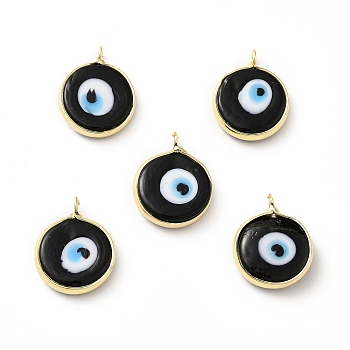 Handmade Evil Eye Lampwork Pendants, with Rack Plating Brass Findings, Long-Lasting Plated, Flat Round, Black, 18~19x15~16x4mm, Hole: 2mm