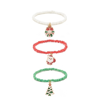 3Pcs 3 Style Glass Seed Stretch Bracelets Set, Christmas Tree & Santa Claus & Wreath Alloy Charm Bracelets with Enamel for Women, Mixed Color, Inner Diameter: 2-1/4 inch(5.8cm), 1Pc/style