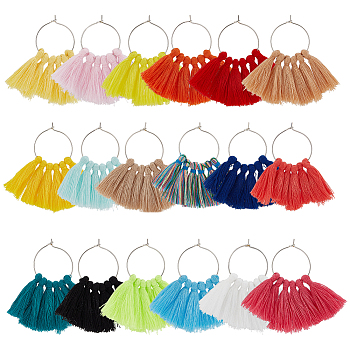 18Pcs 18 Colors Polycotton Tassel Fan Shape Wine Glass Charms, Goblet Marker, with Brass Wine Glass Charm Rings, Mixed Color, 60mm, 1pc/color