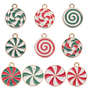 40Pcs 10 Style Christmas Themed Alloy Enamel Pendants, Golden, Flat Round with Vortex Pattern, Mixed Color, 17.5~18x15~17.5x1.3~1.5mm, Hole: 1.5~1.6mm, 4pcs/style