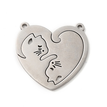 304 Stainless Steel Split Pendants, Heart with Cat Charm, Stainless Steel Color, 30x30x1mm, Hole: 1.8mm