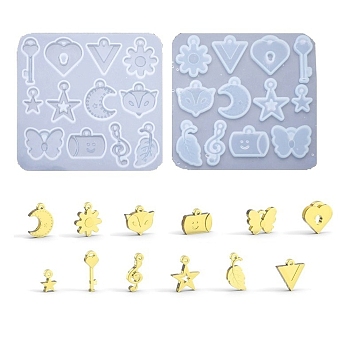 DIY Pendant Silicone Molds, Resin Casting Molds, Heart Key, Heart Lock, Triangle, Flower, Star, Moon, Fox's Head, Butterfly, Musical Note, Leaf, Cup, White, 77x79x4mm, Hole: 1.5~2.5mm, Inner Diameter: 11.5~25x9~20mm