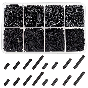 1980Pcs 8 Style Glass Bugle Beads, Opaque & Frosted Colours, Black, 5~12x2mm, Hole: 0.5mm