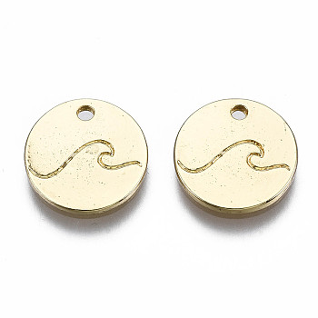 Alloy Charms, Cadmium Free & Nickel Free & Lead Free, Flat Round with Wave Pattern, Real 16K Gold Plated, 12x1.5mm, Hole: 1.5mm