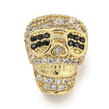 Brass Micro Pave Black Cubic Zirconia Beads, Skull, Real 18K Gold Plated, 14x10.5x8mm, Hole: 1.8mm