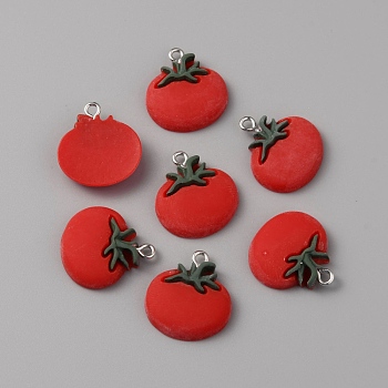Opaque Resin Pendants, Tomato Charm, with Platinum Tone Alloy Loops, Red, 21.5x19.5x5mm, Hole: 2mm