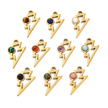 Natural Mixed Stone Pendants, Ion Plating(IP) 304 Stainless Steel Lightning Bolt Charms, Real 18K Gold Plated, Mixed Dyed and Undyed, 22.5x13.5x3.5mm, Hole: 2mm