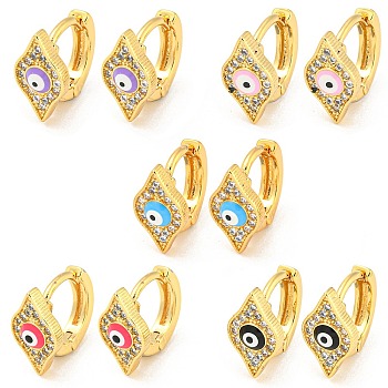 Rhombus with Evil Eye Real 18K Gold Plated Brass Hoop Earrings, with Enamel and Clear Cubic Zirconia, Mixed Color, 12x7mm