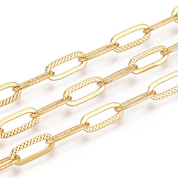 Brass Paperclip Chains, Soldered, with Spool, Textured, Golden, 10x4x0.5mm, about 32.81 Feet(10m)/Roll