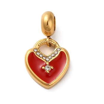 Ion Plating(IP) 304 Stainless Steel Enamel European Dangle Charms, Large Hole Pendants with Crystal Rhinestone, Heart, Golden, FireBrick, 25mm, Pendant: 16x14x3mm, Hole: 4.5mm