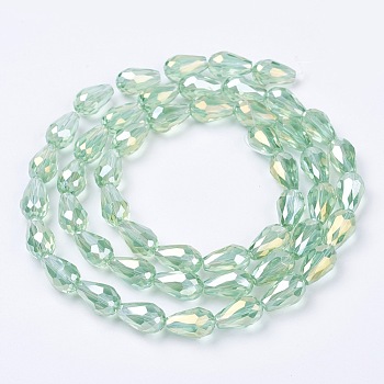 Electroplate Glass Beads Strands, AB Color Plated, Faceted Teardrop, Light Green, 15x10mm, Hole: 1mm, 50pcs/strand, 27.1 inch