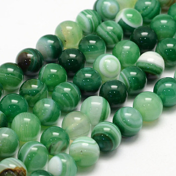 Natural Striped Agate/Banded Agate Bead Strands, Round, Grade A, Dyed, Sea Green, 8mm, Hole: 1mm, about 47~48pcs/strand, 14.5 inch