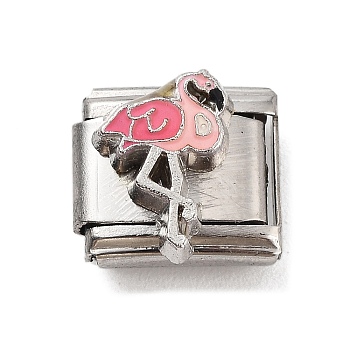 Flamingo Shape 304 Stainless Steel Enamel Connector Charms, DIY Handmade Module Bracelet Accessories, Stainless Steel Color, Hot Pink, 10x9x6.5mm