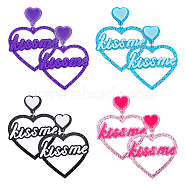 4 Pairs 4 Colors Heart with Word Kiss Me Acrylic Dangle Stud Earrings, Mixed Color, 55mm, 1 pair/color(EJEW-FI0002-34)