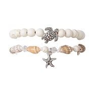 2Pcs 2 Style Synthetic Howlite & Glass & Shell Stretch Bracelets with Tortoise, Stackable Bracelets with Alloy Starfish Charms, 7-1/4 inch(18.5cm), 1Pc/style(BJEW-JB10091-03)