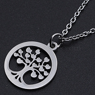 201 Stainless Steel Pendant Necklaces, with Cable Chains and Lobster Claw Clasps, Ring with Tree, Stainless Steel Color, 17.7 inch(45cm), 1.5mm(NJEW-S105-JN538-45-1)