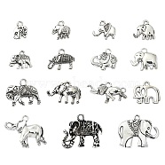 60Pcs 15 Styles Tibetan Style Alloy Elephant Pendants, Elephant, Antique Silver, 11~27x8.5~26x1.5~4mm, Hole: 1.6~2.5mm, 2pcs/style(TIBEP-YW0001-83)