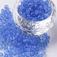 Glass Seed Beads, Transparent, Round, Round Hole, Light Blue, 6/0, 4mm, Hole: 1.5mm, about 500pcs/50g, 50g/bag, 18bags/2pounds(SEED-US0003-4mm-6)