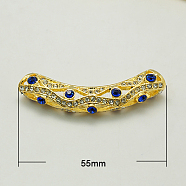 Alloy Rhinestone Tube Beads, Grade A, Golden Metal Color, Sapphire, 55x10x8mm, Hole: 5mm(X-RB-C1389-4G)