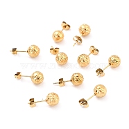 Ion Plating(IP) 304 Stainless Steel Stud Earring Findings, with Ear Nuts, Textured Round, Real 18K Gold Plated, 19x8mm, Pin: 0.7mm(STAS-I183-09B-G)