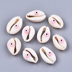 Natural Cowrie Shell Beads, with Enamel, No Hole/Undrilled, Evil Eye, Pearl Pink, 18~22x13~14x6~8mm(SHEL-S266-23J)