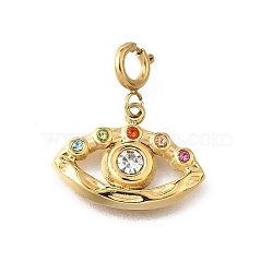 Eye 304 Stainless Steel Rhinestone Pendant Decorations, with Spring Ring Clasps, Ion Plating(IP), Real 18K Gold Plated, Colorful, 18mm, pendant: 12x17x2mm(STAS-H202-13G-02)