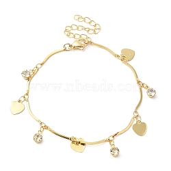 Clear Cubic Zirconia Diamond & Heart Charm Bracelet, Brass Jewelry for Women, Real 24K Gold Plated, 6-3/4 inch(17cm)(BJEW-G672-05G)