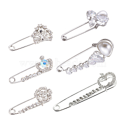 Alloy Brooches, with Rhinestone, Platinum, 17~23x65~67x5mm, 6pcs/set(JEWB-PH0001-02B)