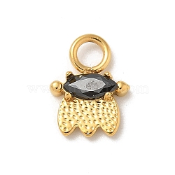 Ion Plating(IP) 304 Stainless Steel with Rhinestone Charms, Real 14K Gold Plated, Ghost Charm, Jet, 10x7.5x2mm, Hole: 2.5mm(STAS-G351-17G-01)