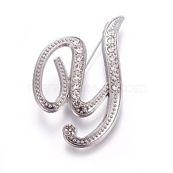 Alloy Brooches, with Rhinestone, Letter, Letter.Y, Platinum, 46x32x3mm, Pin: 1mm(JEWB-WH0005-01Y-P)