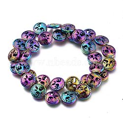 Rainbow Non-magnetic Synthetic Hematite Beads Strands, Vacuum Plating(Color Retention for 3 Years), Flat Round with Tree of Life, Multi-color Plated, 12~12.5x4.5mm, Hole: 1mm, about 33pcs/strand, 16.14 inch(41cm)(G-A181-A04M)