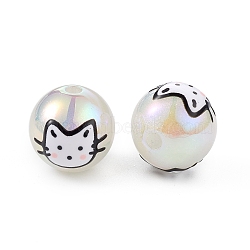 UV Plating Rainbow Iridescent Acrylic Enamel Beads, Round, Cat Shape, 16~18mm, Hole: 2.5mm(OACR-I003-17B)