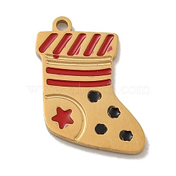 Christmas Theme 304 Stainless Steel Enamel Charms, Real 14K Gold Plated, Christmas Socking, 14x11x1mm, Hole: 1mm(STAS-Z093-02J)