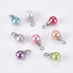 Glass Pearl Pendants, with Iron Findings, Round, Platinum, 16x8mm, Hole: 2~3mm(X-IFIN-F142-06P)