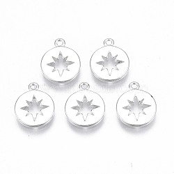 Brass Charms, Flat Round with Star, Nickel Free, 925 Sterling Silver Plated, 12x9.5x1mm, Hole: 1mm(KK-T020-89S)