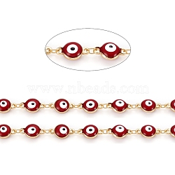 Handmade Brass Link Chains, with Enamel and Spool, Soldered, Long-Lasting Plated, Real 18K Gold Plated Flat Round with Evil Eye, Dark Red, 11x6.5x4mm, about 32.8 Feet(10m)/roll(CHC-D026-08A-G)