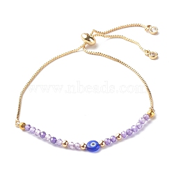 Brass Slider Bracelets, with Cubic Zirconia Beads, Handmade Evil Eye Lampwork Flat Round Beads, Medium Slate Blue, Inner Diameter: 3/4~3-1/2 inch(2~8.9cm)(BJEW-JB06594-02)